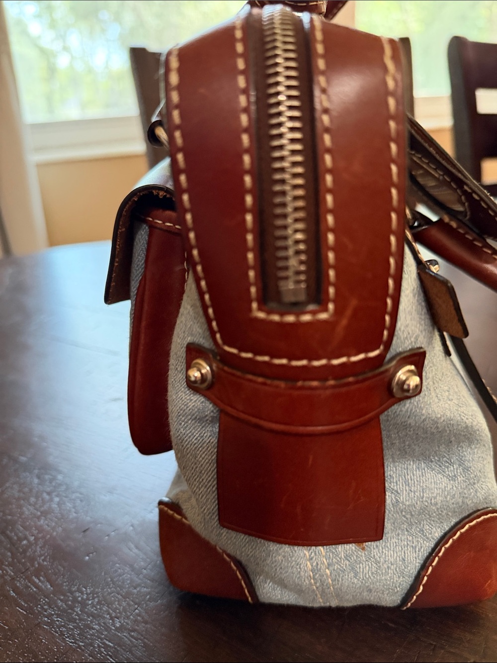 Dooney & Bourke Blue Canvas and Brown Leather Shoulder Bag - Picture 10 of 12